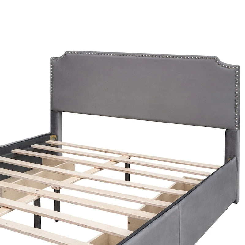 Letto a piattaforma Queen Size con testiera imbottita e cassetti contenitore