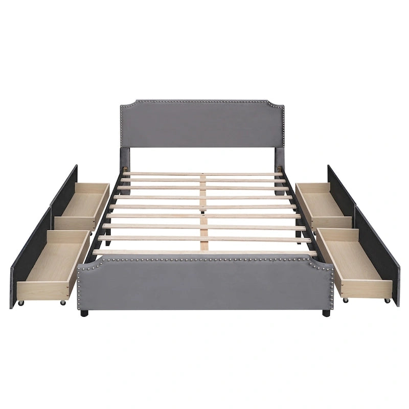 Letto a piattaforma Queen Size con testiera imbottita e cassetti contenitore