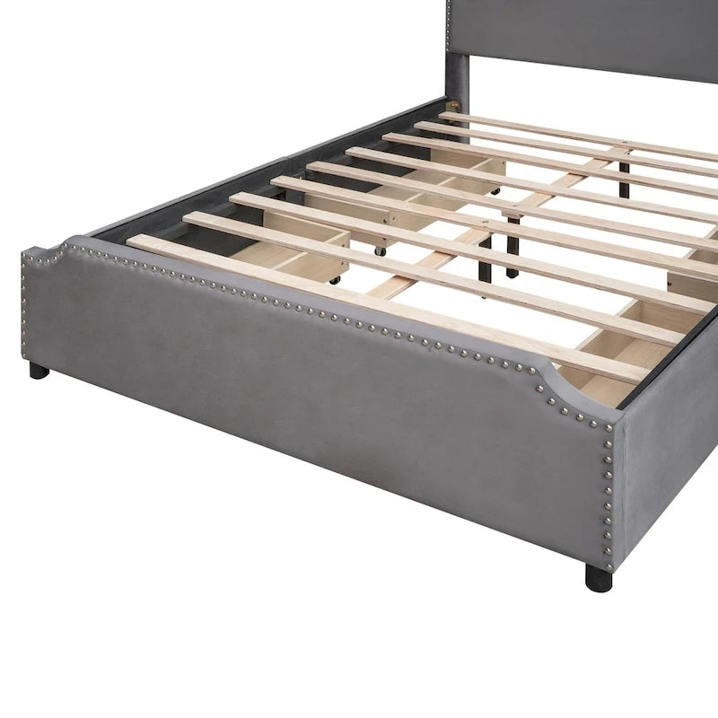Letto a piattaforma Queen Size con testiera imbottita e cassetti contenitore
