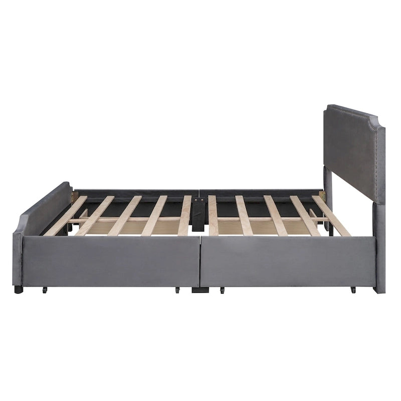 Letto a piattaforma Queen Size con testiera imbottita e cassetti contenitore