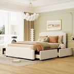 Letto a piattaforma Queen Size con testiera imbottita e cassetti contenitore