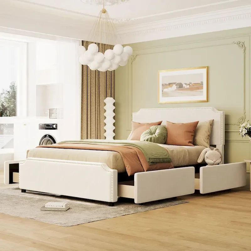 Letto a piattaforma Queen Size con testiera imbottita e cassetti contenitore