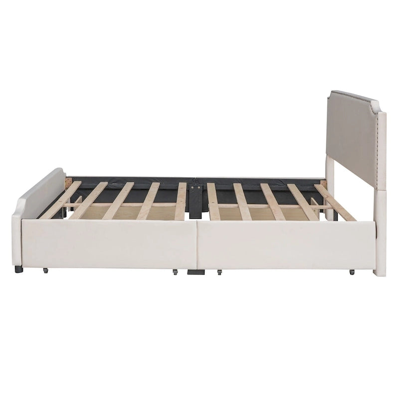 Letto a piattaforma Queen Size con testiera imbottita e cassetti contenitore