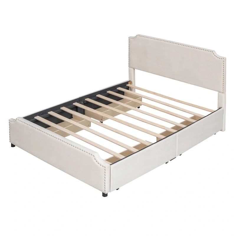 Letto a piattaforma Queen Size con testiera imbottita e cassetti contenitore