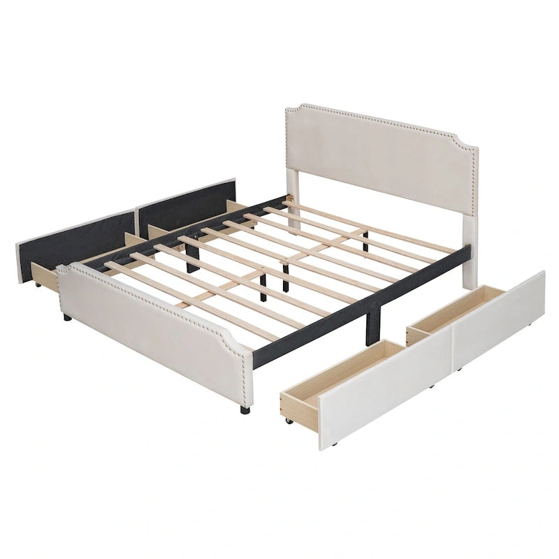 Letto a piattaforma Queen Size con testiera imbottita e cassetti contenitore