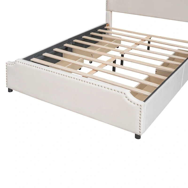 Letto a piattaforma Queen Size con testiera imbottita e cassetti contenitore