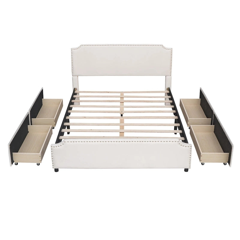 Letto a piattaforma Queen Size con testiera imbottita e cassetti contenitore