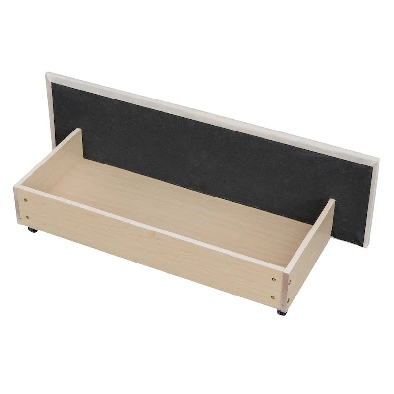 Letto a piattaforma Queen Size con testiera imbottita e cassetti contenitore