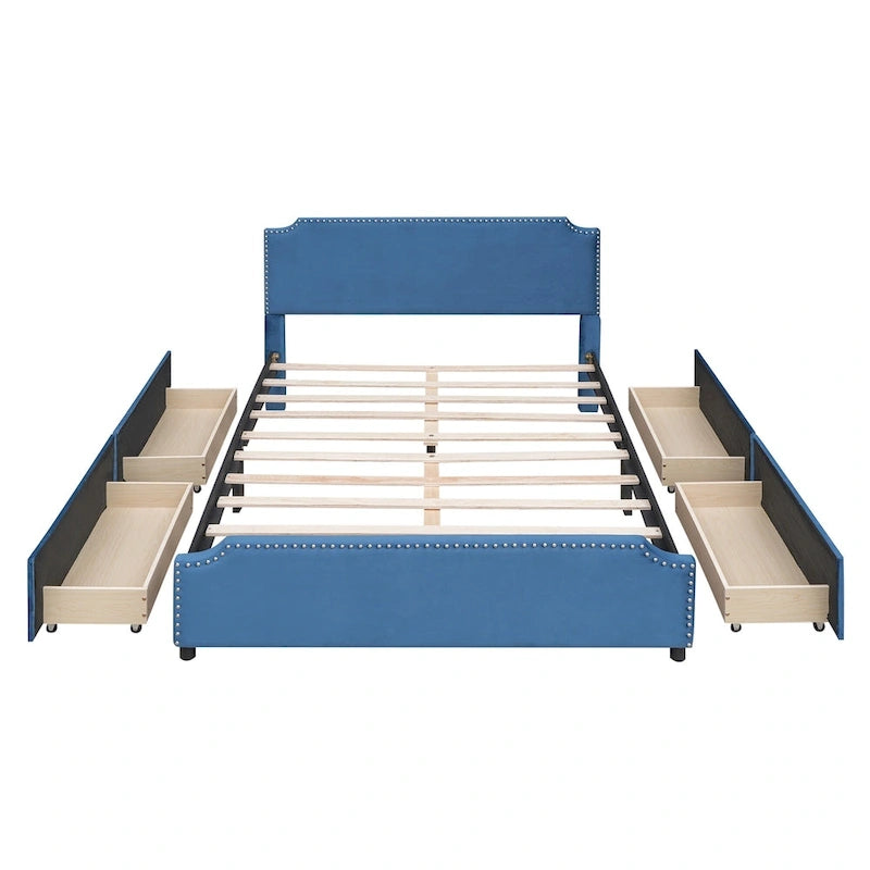Letto a piattaforma Queen Size con testiera imbottita e cassetti contenitore