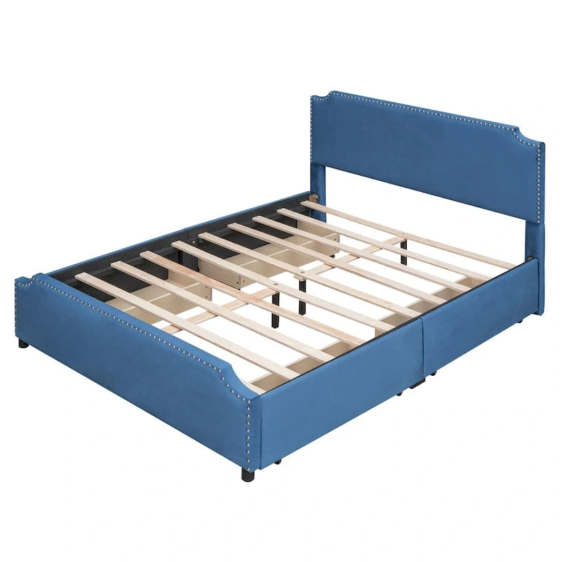 Letto a piattaforma Queen Size con testiera imbottita e cassetti contenitore