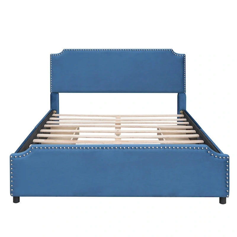 Letto a piattaforma Queen Size con testiera imbottita e cassetti contenitore