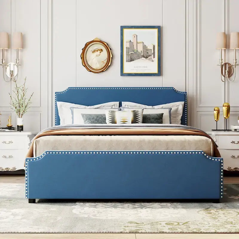 Letto a piattaforma Queen Size con testiera imbottita e cassetti contenitore
