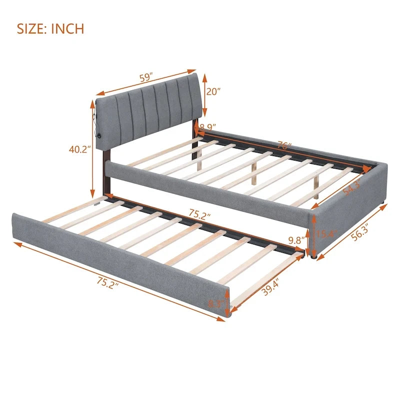 Letto a piattaforma imbottito con letto estraibile e illuminazione a LED