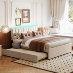 Letto a piattaforma imbottito con letto estraibile e illuminazione a LED
