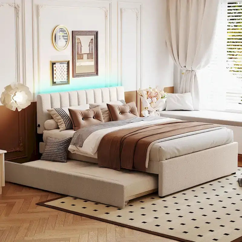Letto a piattaforma imbottito con letto estraibile e illuminazione a LED