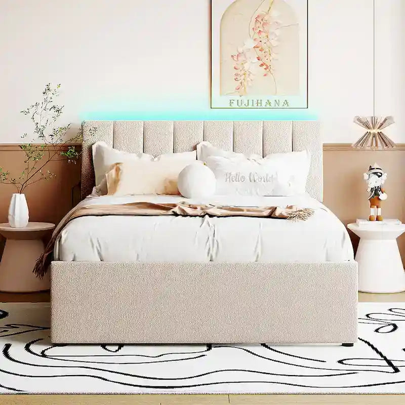 Letto a piattaforma imbottito con letto estraibile e illuminazione a LED
