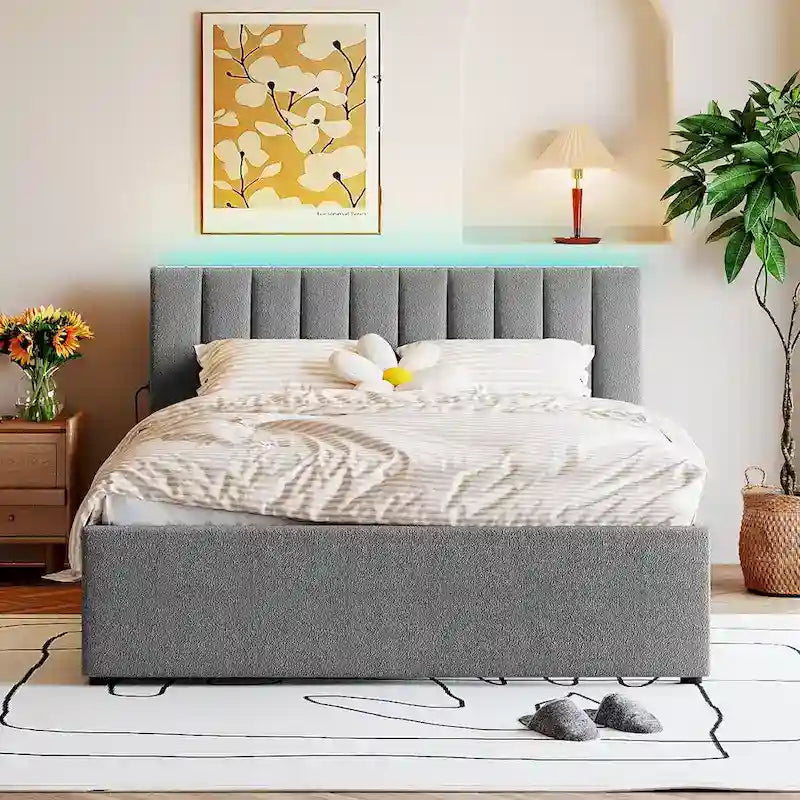 Letto a piattaforma imbottito con letto estraibile e illuminazione a LED