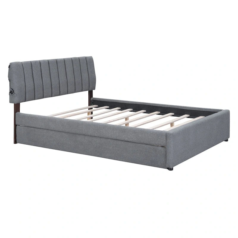 Letto a piattaforma imbottito con letto estraibile e illuminazione a LED
