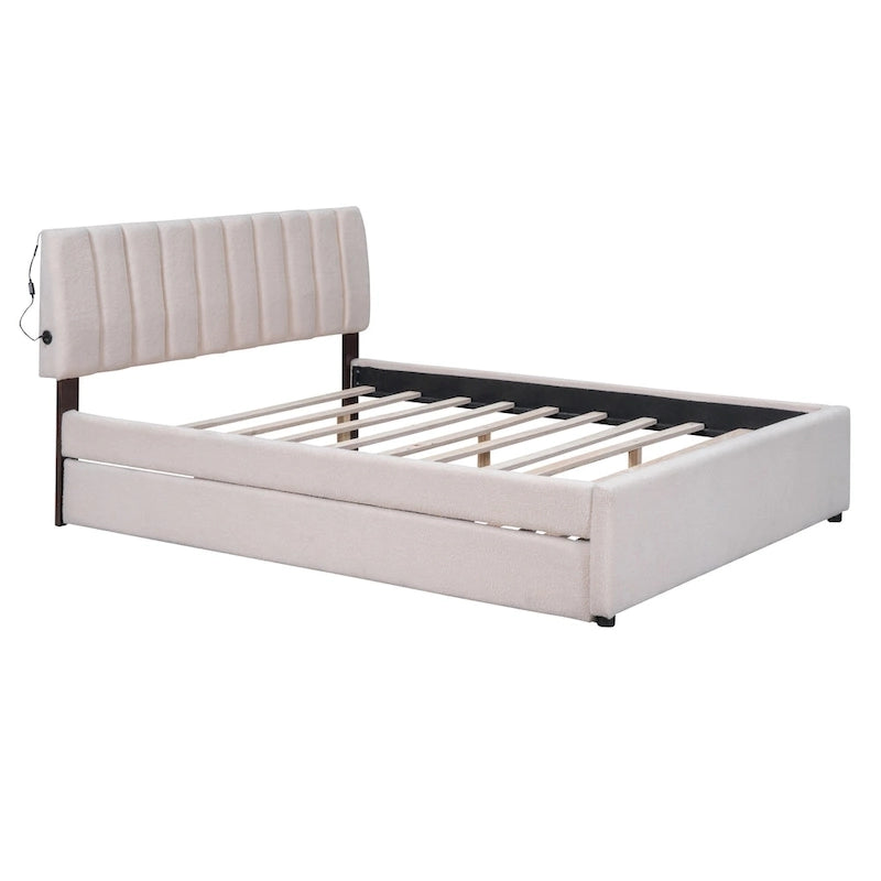 Letto a piattaforma imbottito con letto estraibile e illuminazione a LED