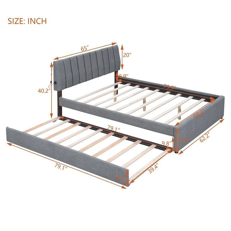 Letto a piattaforma imbottito con letto estraibile e illuminazione a LED