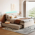 Letto a piattaforma imbottito con letto estraibile e illuminazione a LED