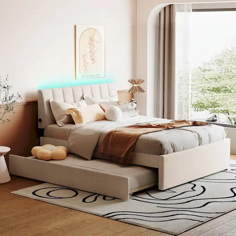 Letto a piattaforma imbottito con letto estraibile e illuminazione a LED