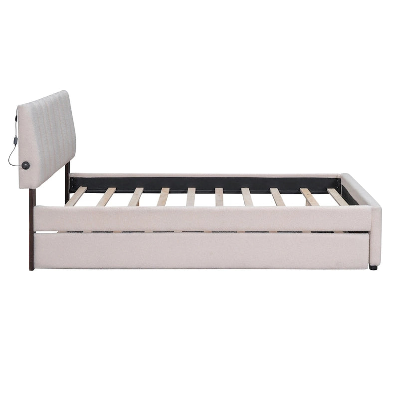 Letto a piattaforma imbottito con letto estraibile e illuminazione a LED