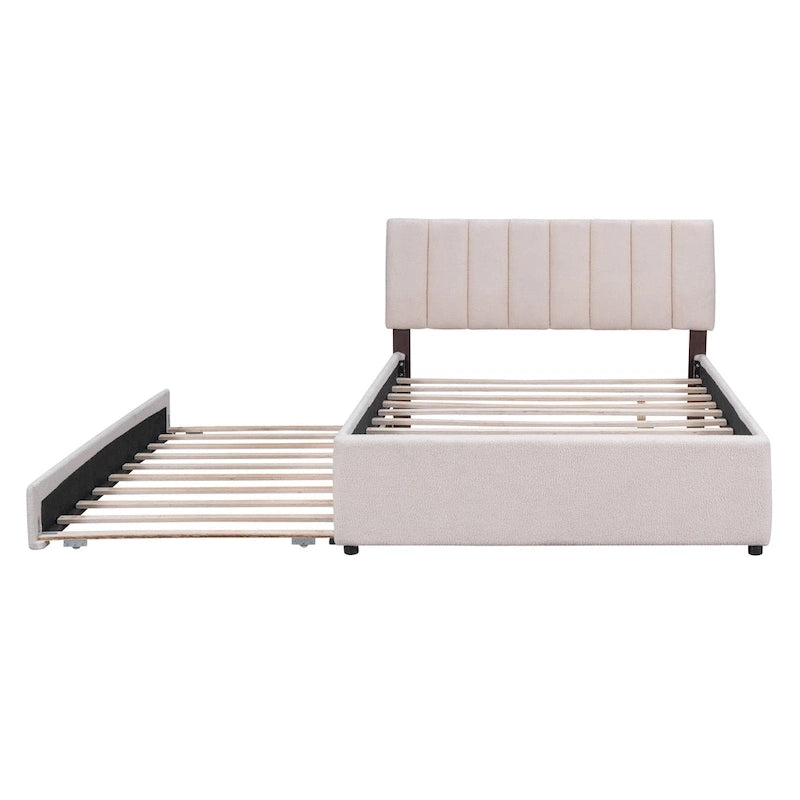 Letto a piattaforma imbottito con letto estraibile e illuminazione a LED