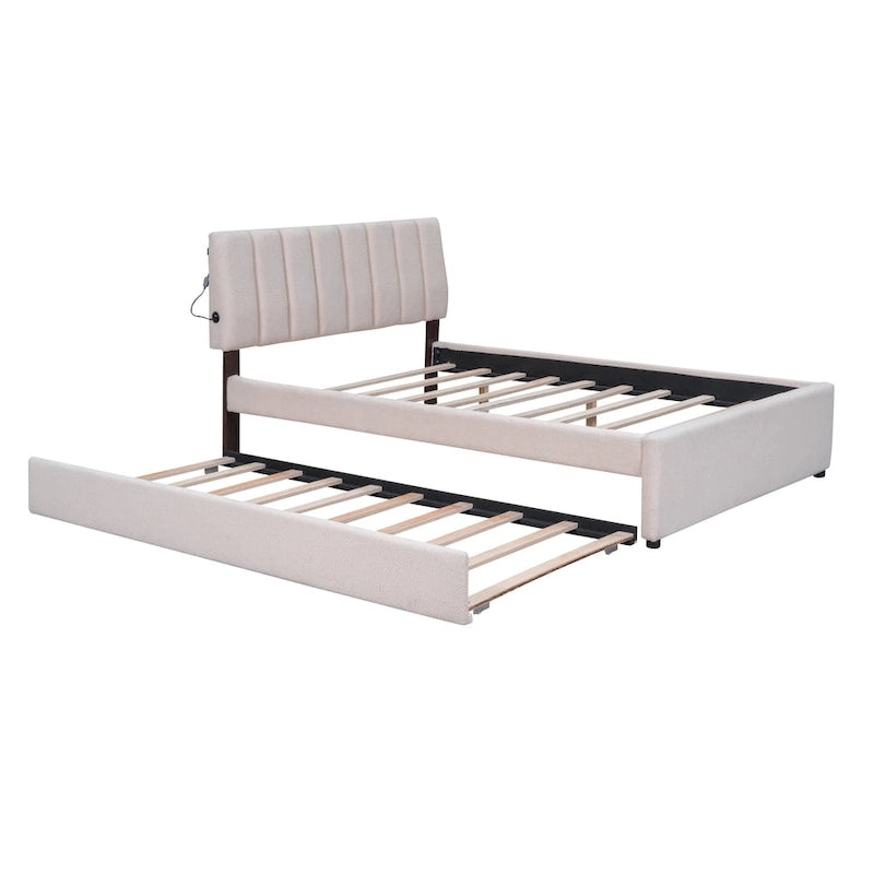 Letto a piattaforma imbottito con letto estraibile e illuminazione a LED