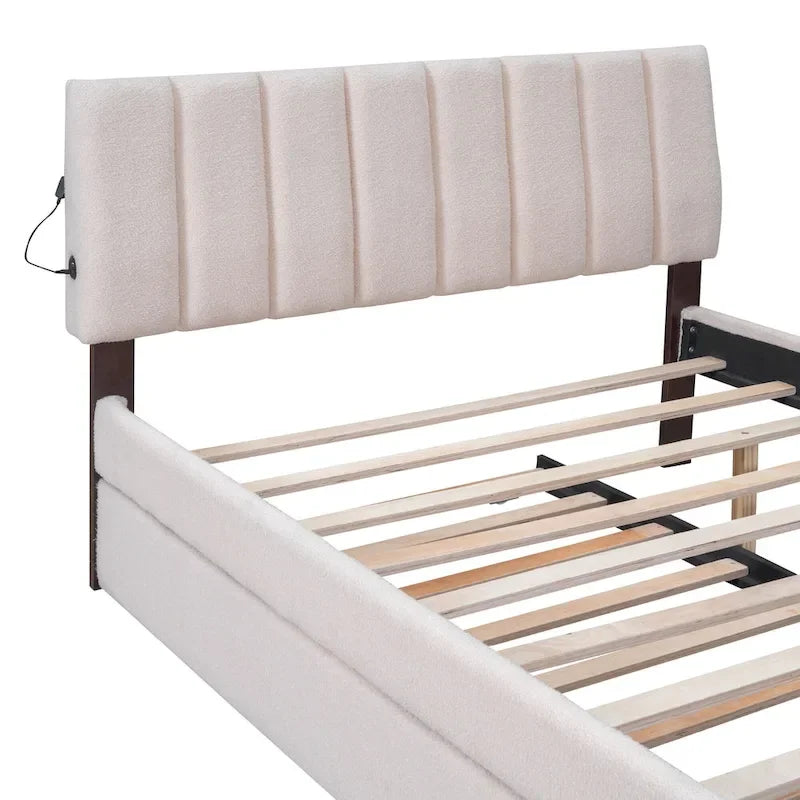 Letto a piattaforma imbottito con letto estraibile e illuminazione a LED