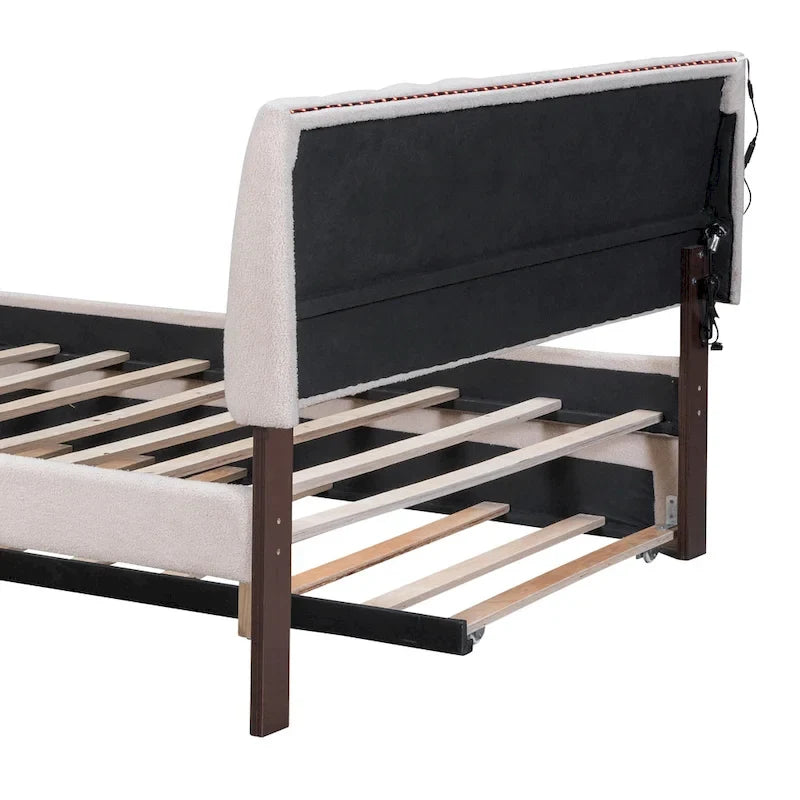 Letto a piattaforma imbottito con letto estraibile e illuminazione a LED
