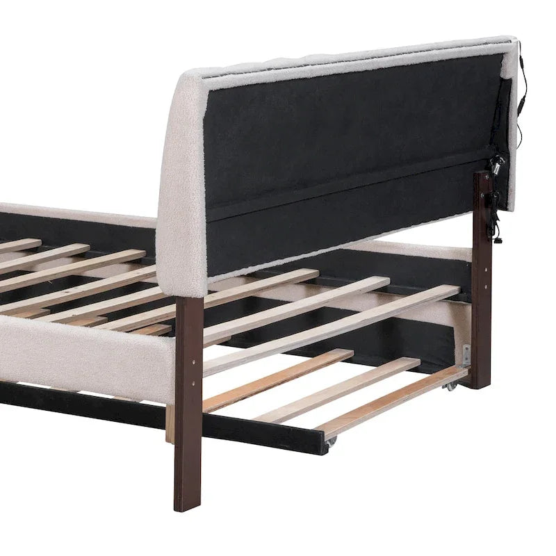 Letto a piattaforma imbottito con letto estraibile e illuminazione a LED