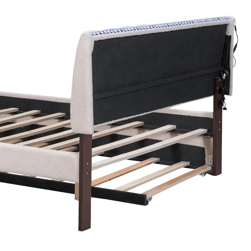 Letto a piattaforma imbottito con letto estraibile e illuminazione a LED