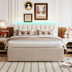Letto a piattaforma imbottito con letto estraibile e illuminazione a LED