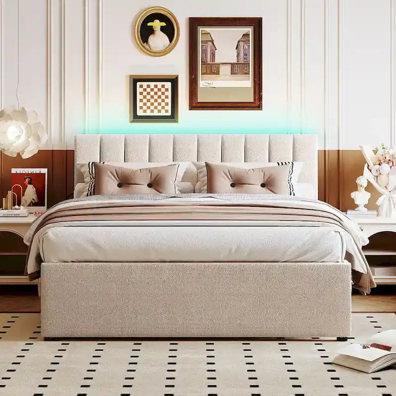Letto a piattaforma imbottito con letto estraibile e illuminazione a LED