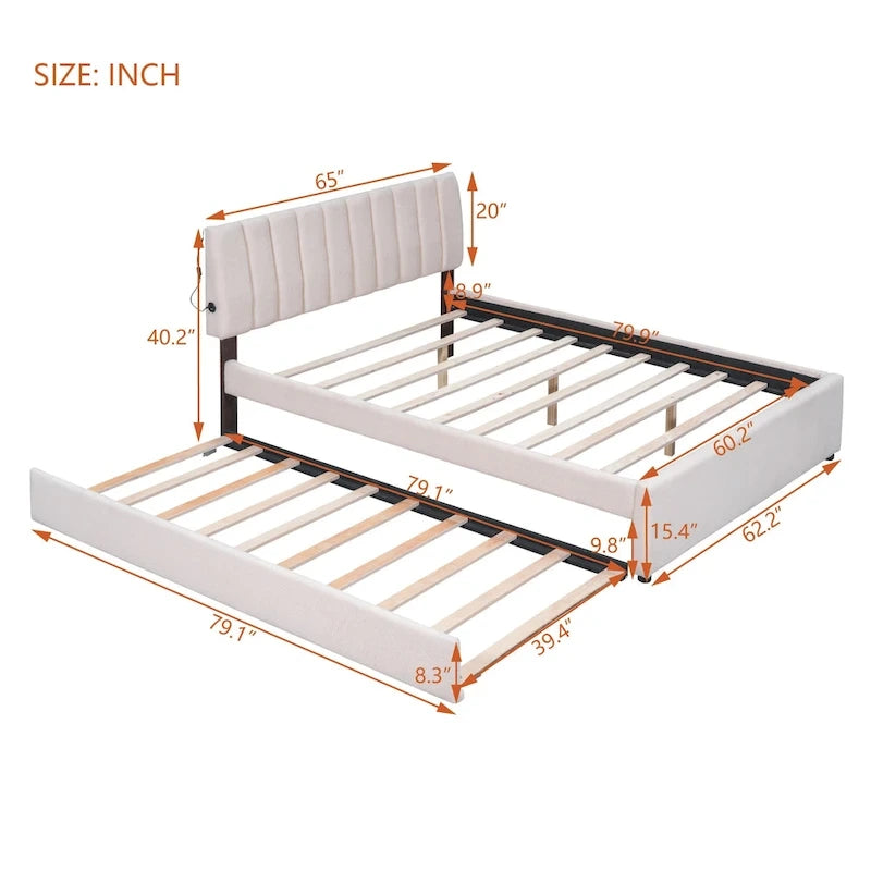 Letto a piattaforma imbottito con letto estraibile e illuminazione a LED