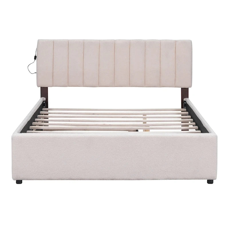 Letto a piattaforma imbottito con letto estraibile e illuminazione a LED