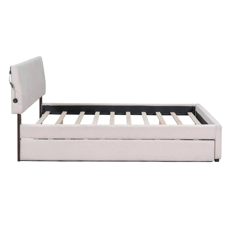 Letto a piattaforma imbottito con letto estraibile e illuminazione a LED