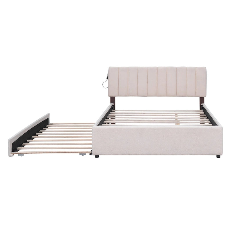 Letto a piattaforma imbottito con letto estraibile e illuminazione a LED