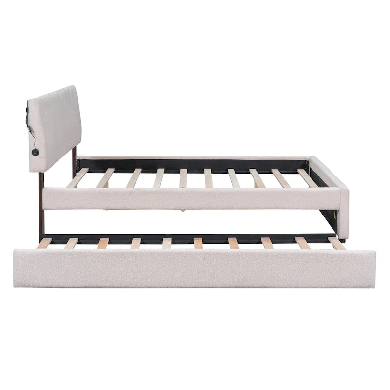 Letto a piattaforma imbottito con letto estraibile e illuminazione a LED