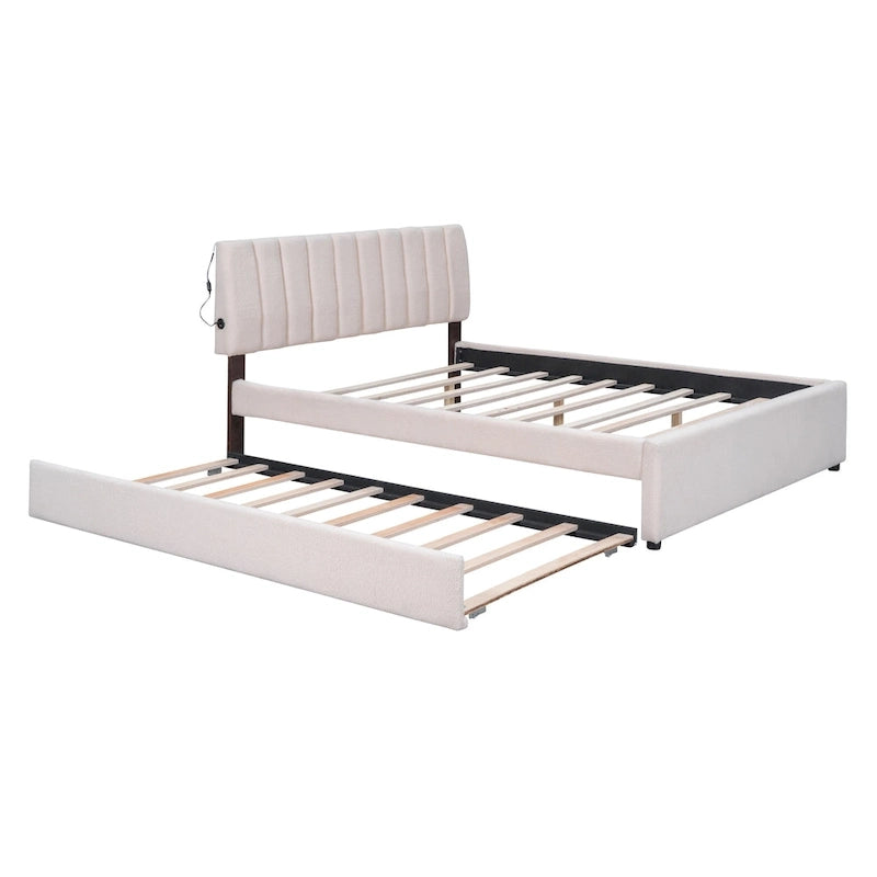 Letto a piattaforma imbottito con letto estraibile e illuminazione a LED