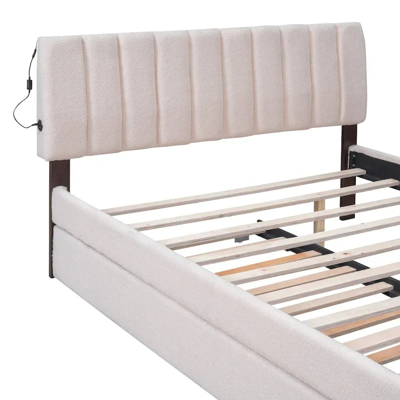 Letto a piattaforma imbottito con letto estraibile e illuminazione a LED