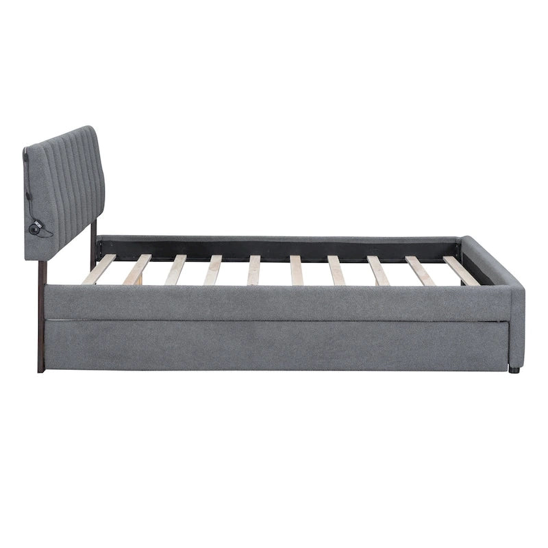 Letto a piattaforma imbottito con letto estraibile e illuminazione a LED