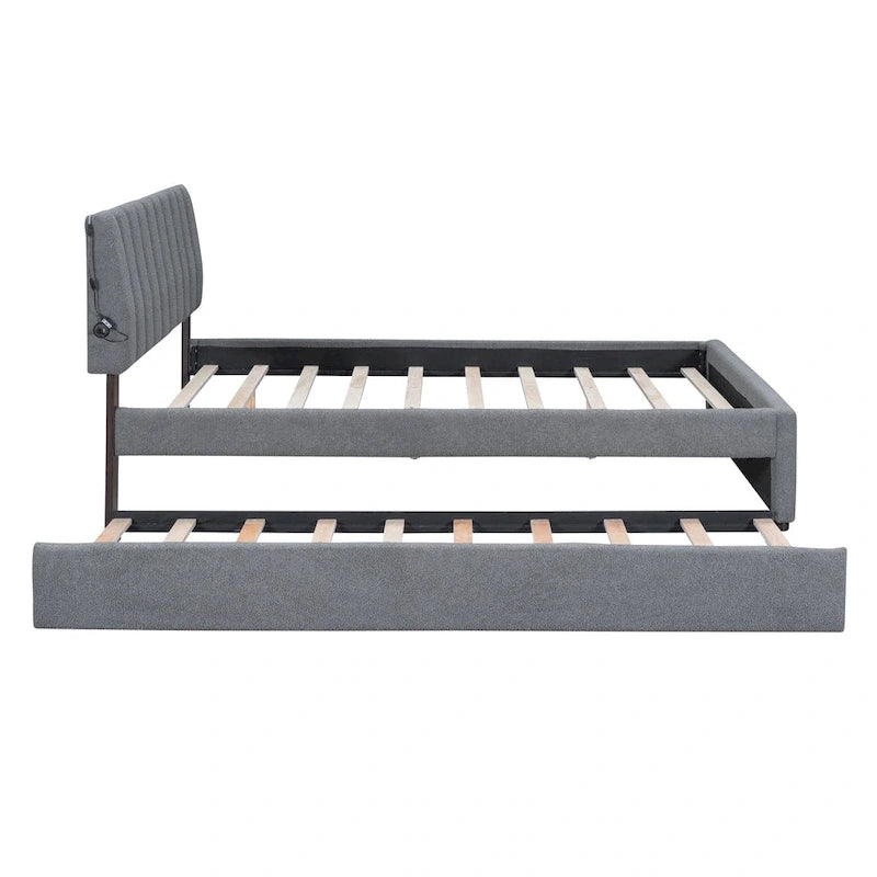Letto a piattaforma imbottito con letto estraibile e illuminazione a LED