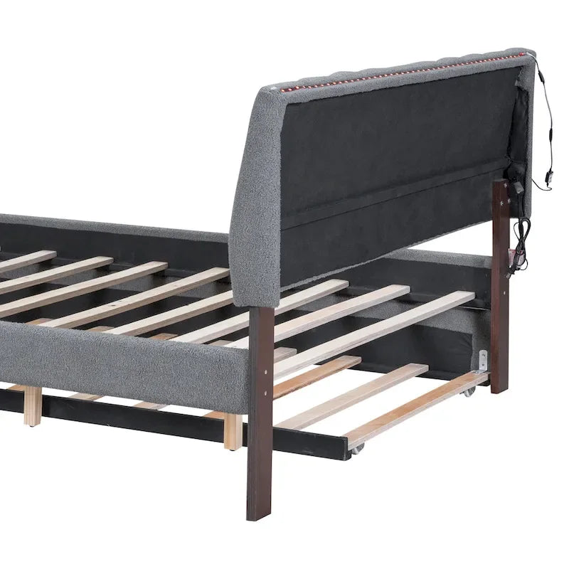 Letto a piattaforma imbottito con letto estraibile e illuminazione a LED