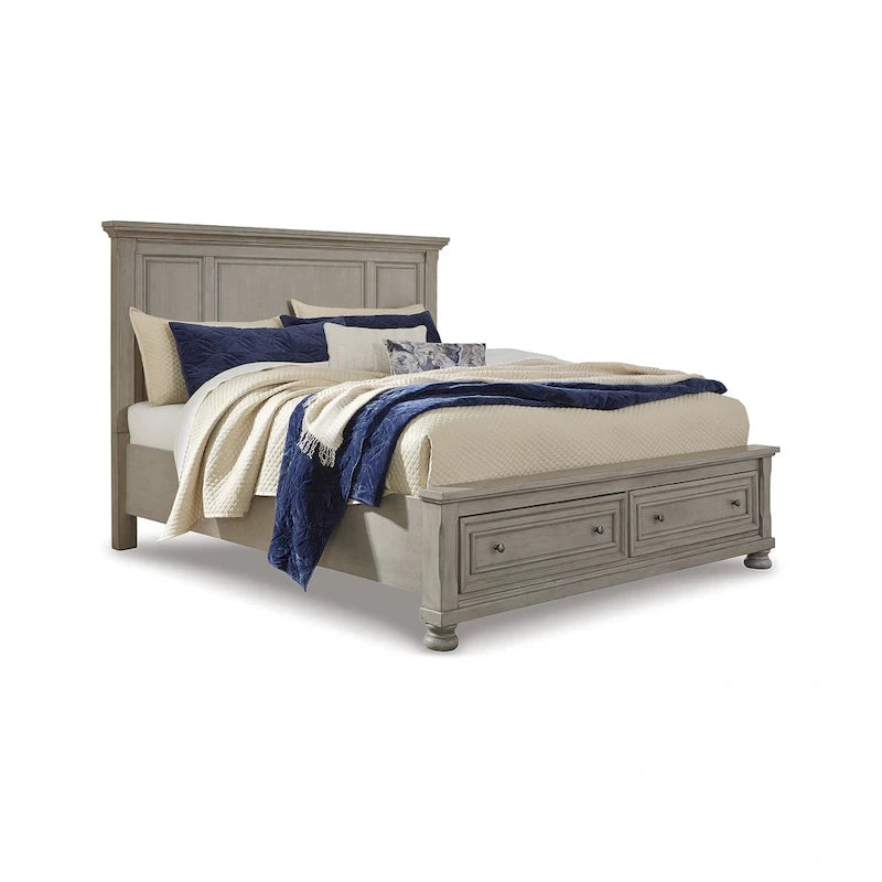 Letto con contenitore a pannelli grigio chiaro e cassetti sulla pediera