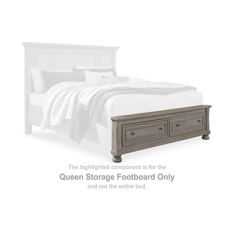 Letto con contenitore a pannelli grigio chiaro e cassetti sulla pediera