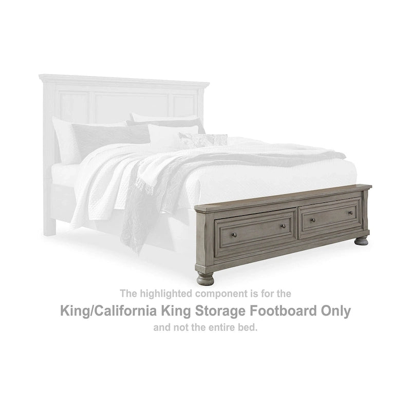 Letto con contenitore a pannelli grigio chiaro e cassetti sulla pediera