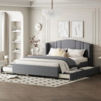Letto a piattaforma Queen con testiera imbottita, letto estraibile singolo e 2 cassetti portaoggetti
