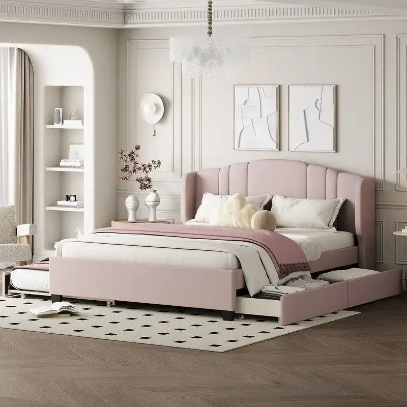 Letto a piattaforma Queen con testiera imbottita, letto estraibile singolo e 2 cassetti portaoggetti